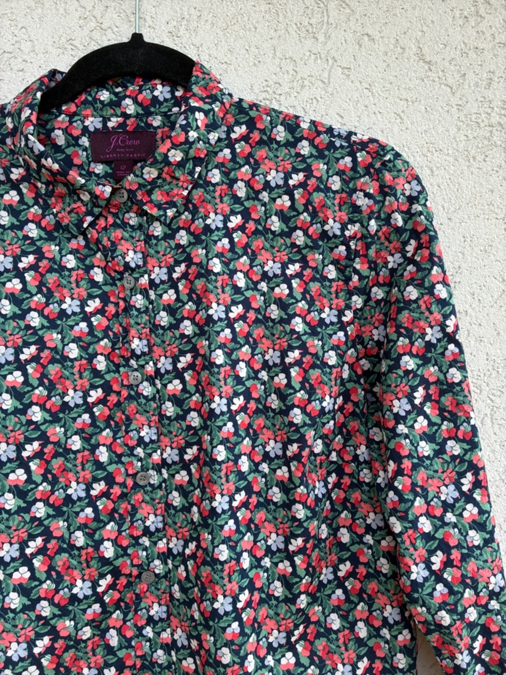 J. Crew with Liberty fabric blue  Floral Button-Up Shirt with Red & Green Print